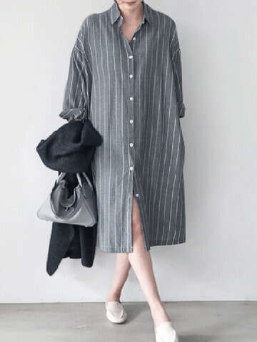 Women Casual Dresses | Stripe Button Lapel Casual Cotton Shirt Dress - MM26448