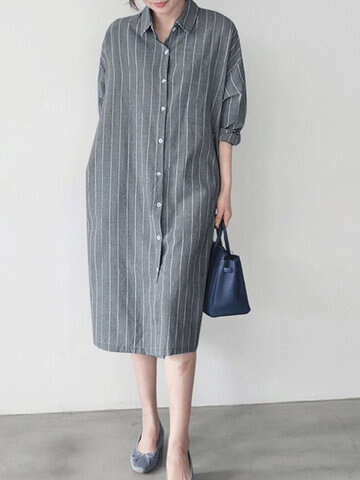 Women Casual Dresses | Stripe Button Lapel Casual Cotton Shirt Dress - MM26448