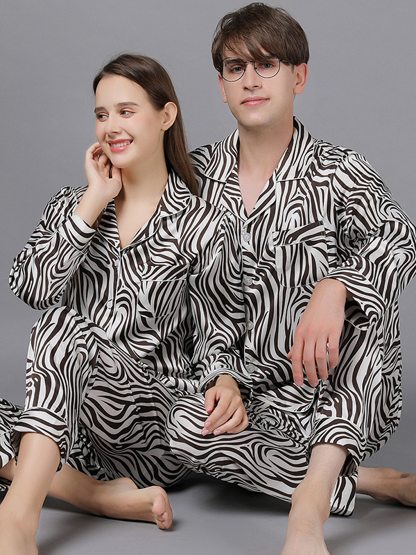 Regular Fit V Neck Animal Print Casual Long Sleeve Couple Pajama Set