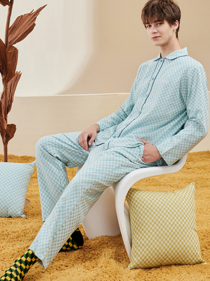 Cotton Shawl Collar Simple Regular LongSleeve Loose Couple Pajama Set