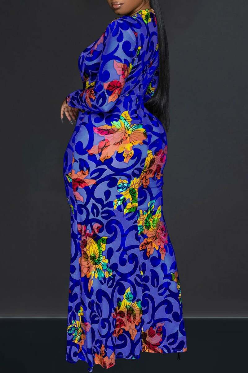 Blue Casual Print Patchwork V Neck Long Dress Dresses