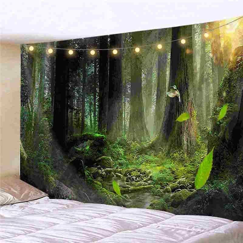 Landscape LED Lights Wall Tapestry Art Decor Forest Waterfall Print