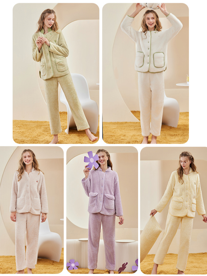 Coral Velvet Loose Plain Simple Long Sleeve Matching Couple Pajama Set