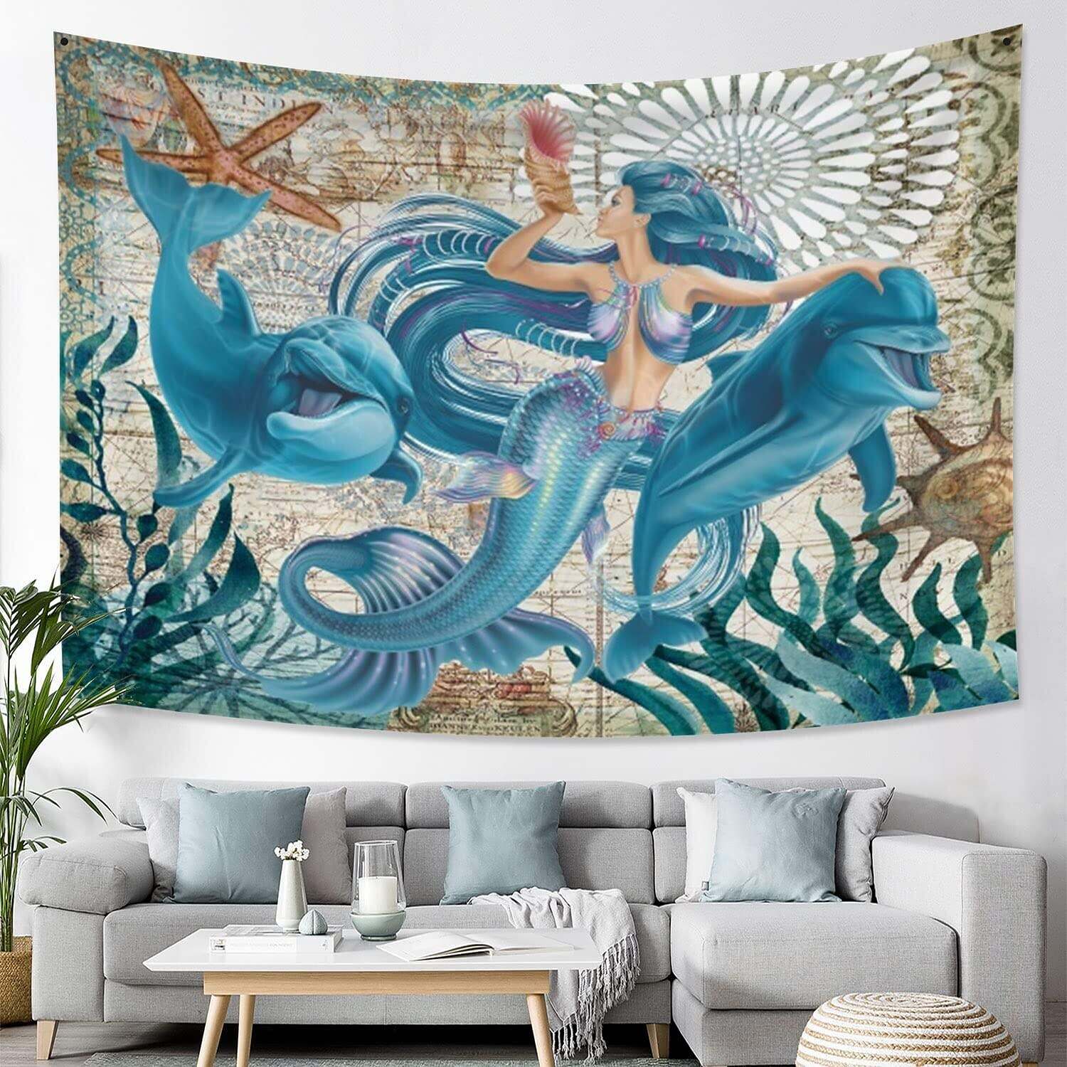 Cute Mermaid and Dolphin Wall Tapestry Art Decor