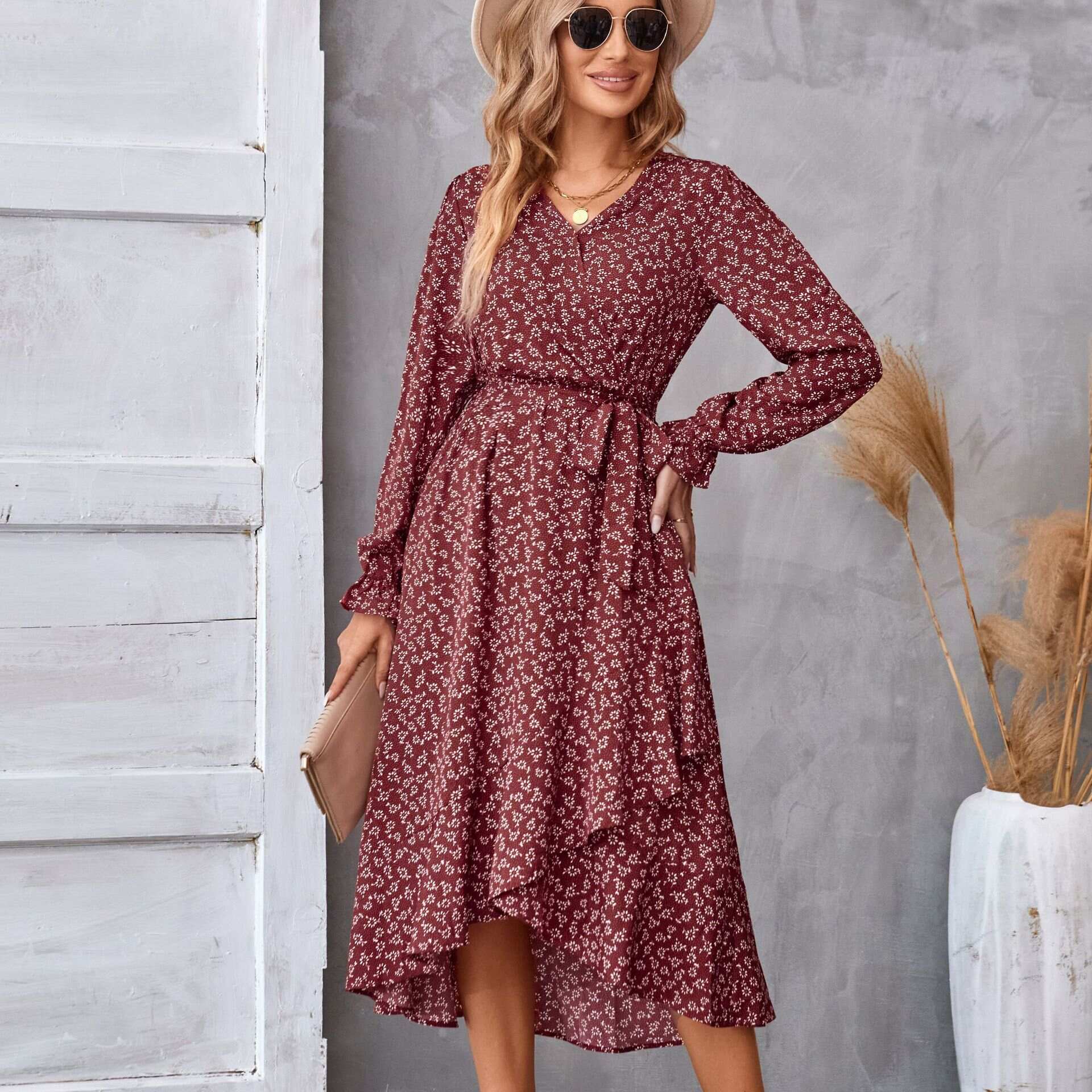 Women's long-sleeved printed dress latest style V-neck breathable and comfortable - Buy 3 and get free shipping