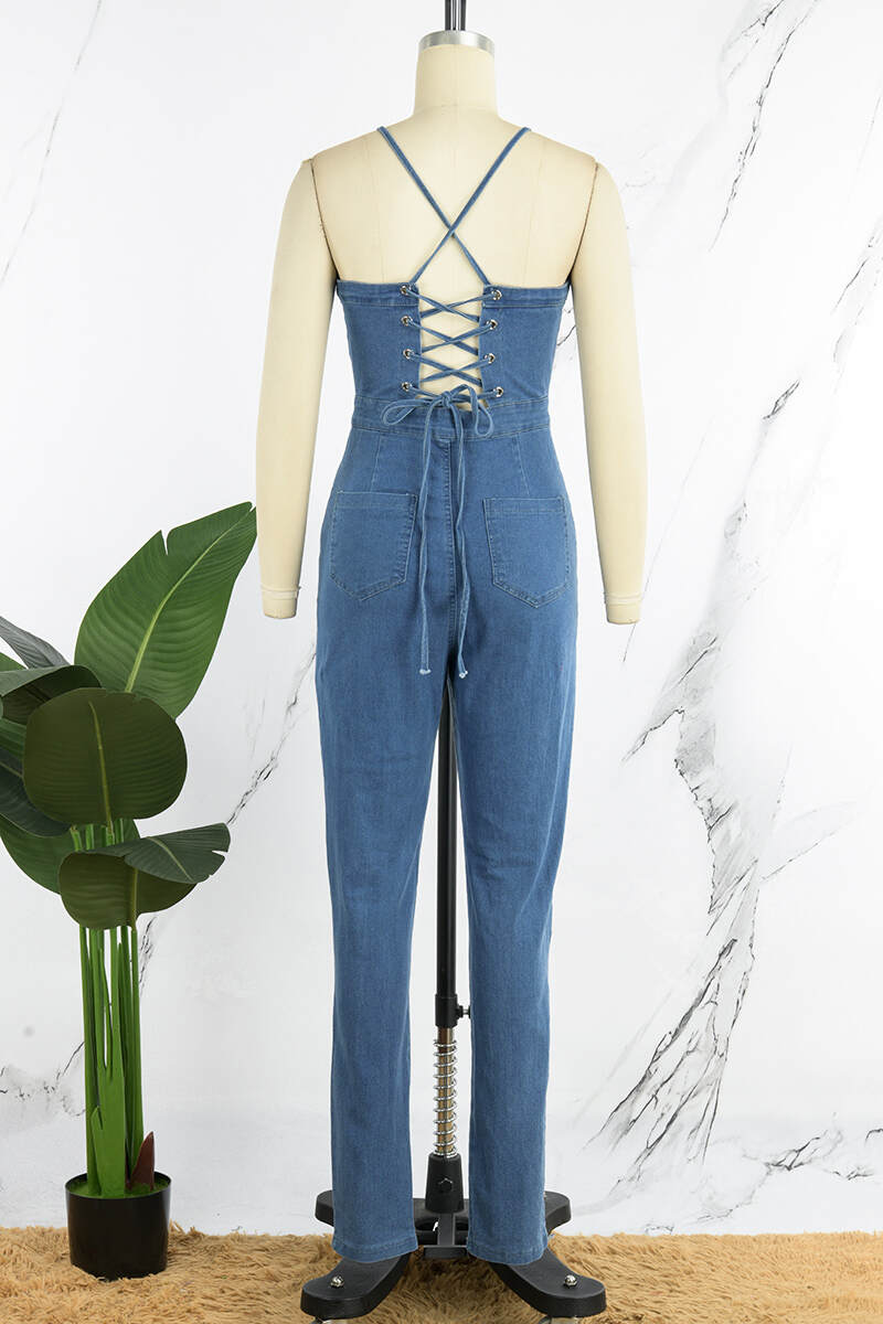 Sky Blue Sexy Casual Solid Backless Spaghetti Strap Sleeveless Skinny Denim Jumpsuits