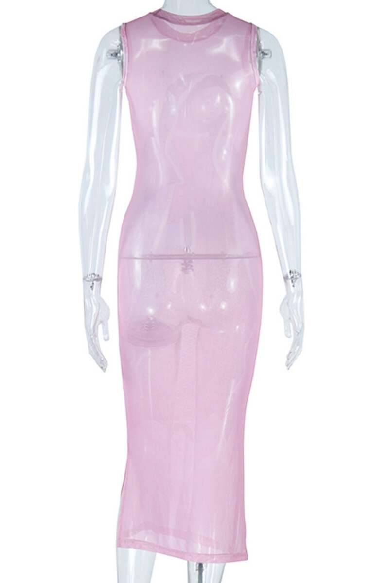 Pink Sexy Casual Print See-through Slit O Neck Long Dress Dresses