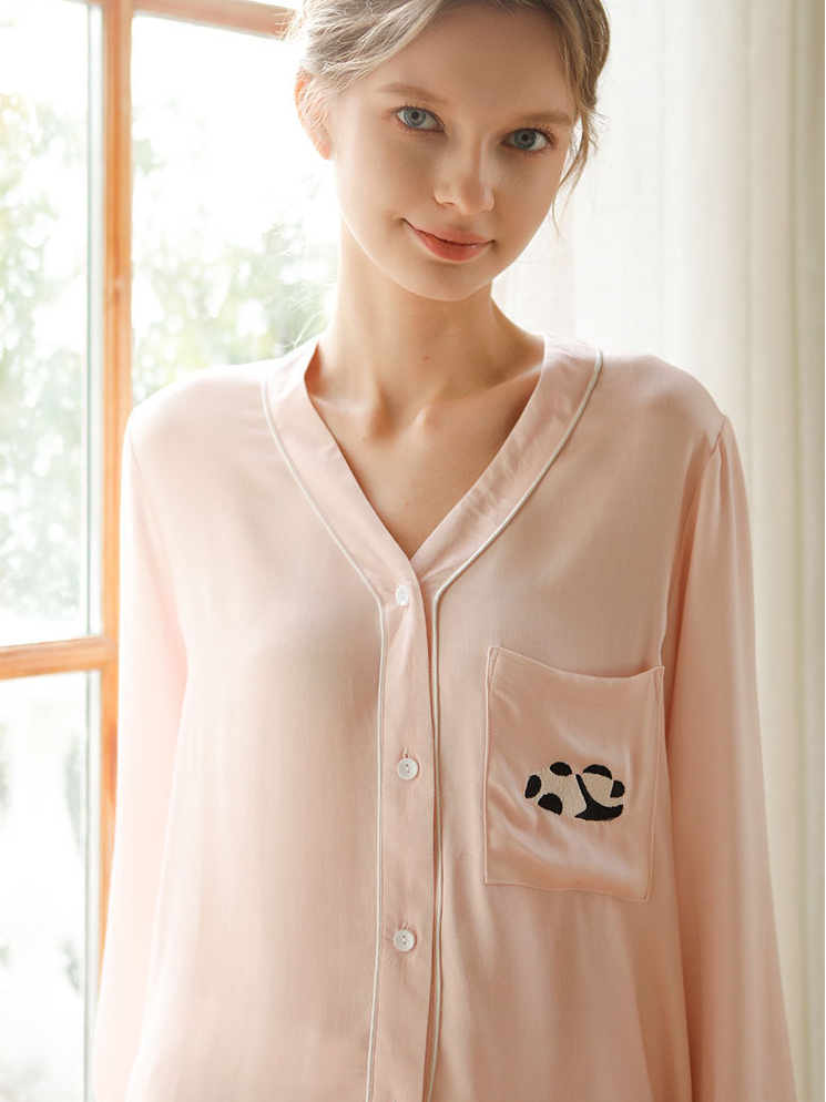 Plain V Neck Casual Regular Fit Long Sleeve Pajama Set