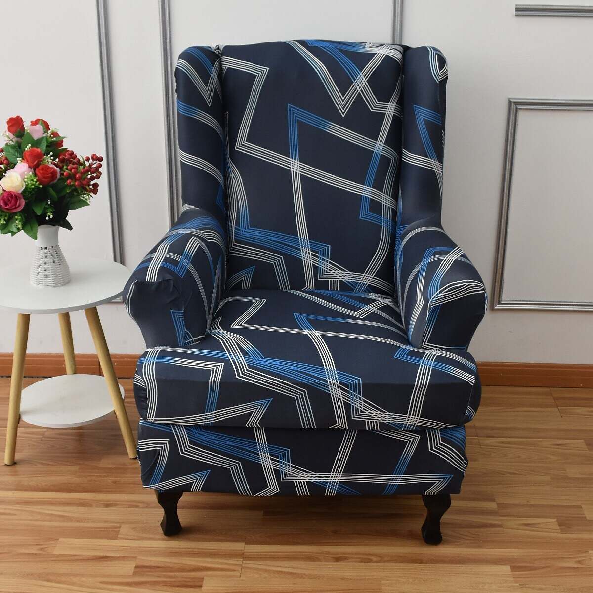 Stretch Wingback Chair Cover Geometric Pattern