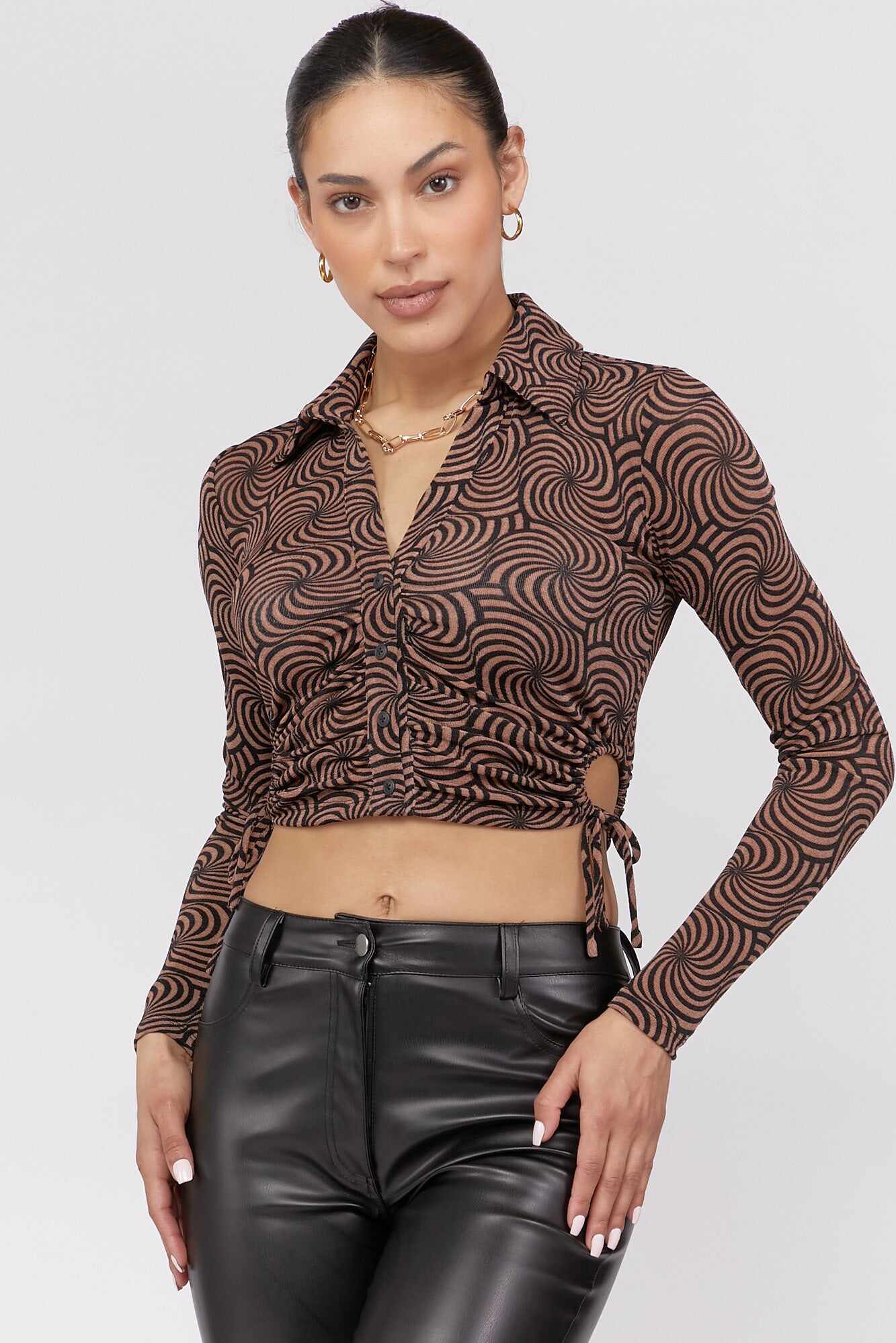 Women Apparel | Abstract Print Collared Crop Top Brown Forever21 - PI67801