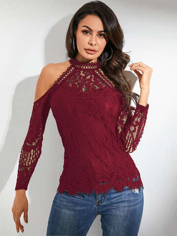 Women Blouses & Shirts | Lace Solid Off-shoulder Long Sleeve Blouse For Women - CR26390