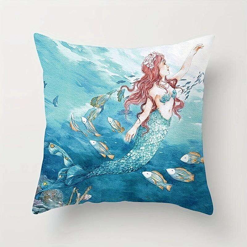 Mermaid Ocean Double Side Pillow Cover 4PC Summer Soft Decorative Square Cushion Case Pillowcase for Bedroom Livingroom Sofa Couch Chair