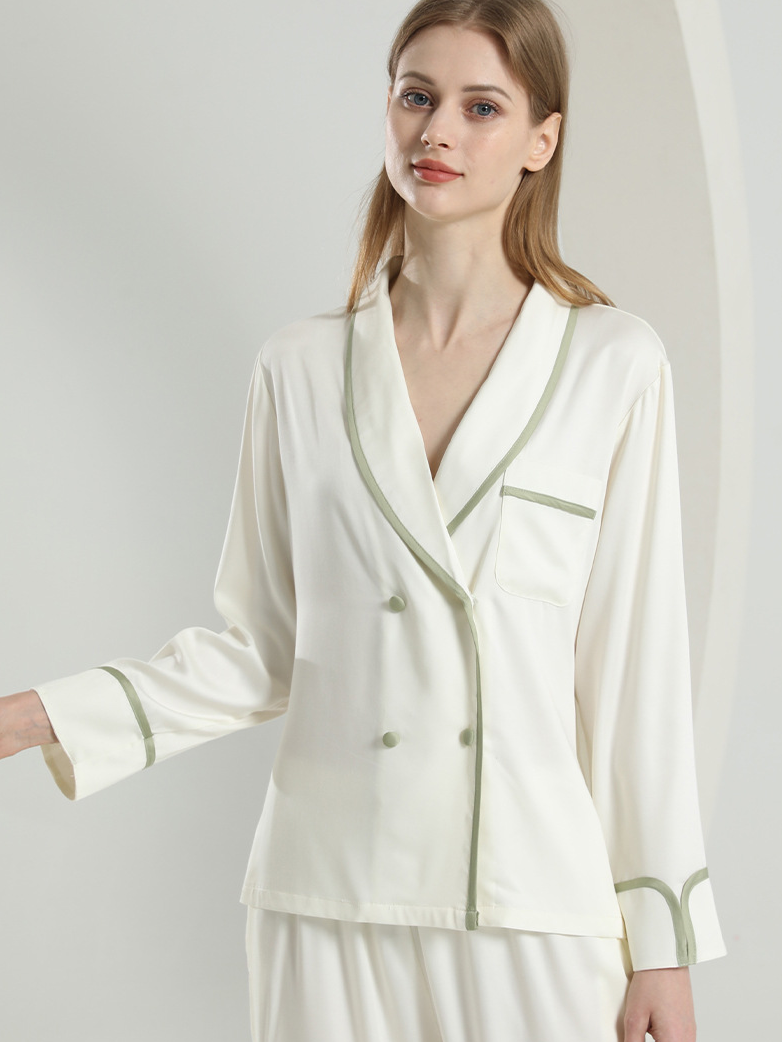 Plain Elegant V Neck Lyocell Long Sleeve Pajama Set