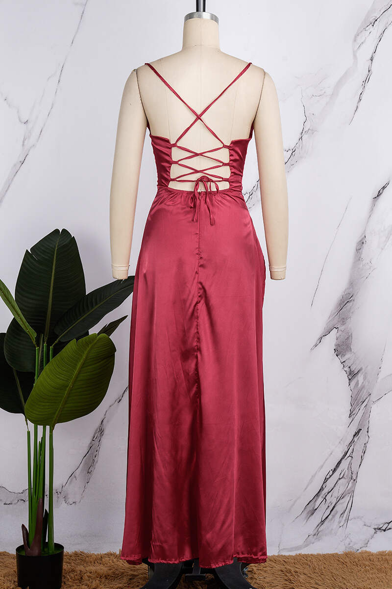 Red Sexy Casual Solid Backless Cross Straps Slit Spaghetti Strap Long Dress Dresses