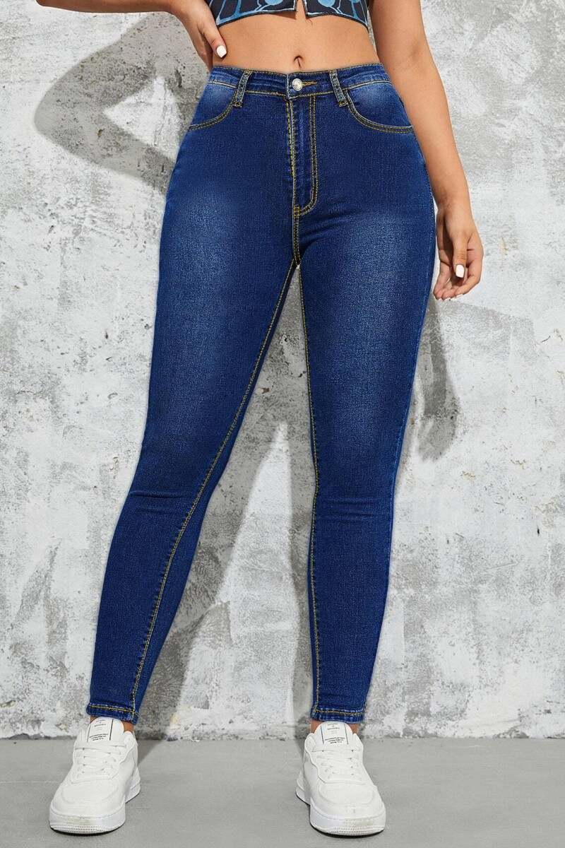 Deep Blue Casual Solid Patchwork High Waist Skinny Denim Jeans