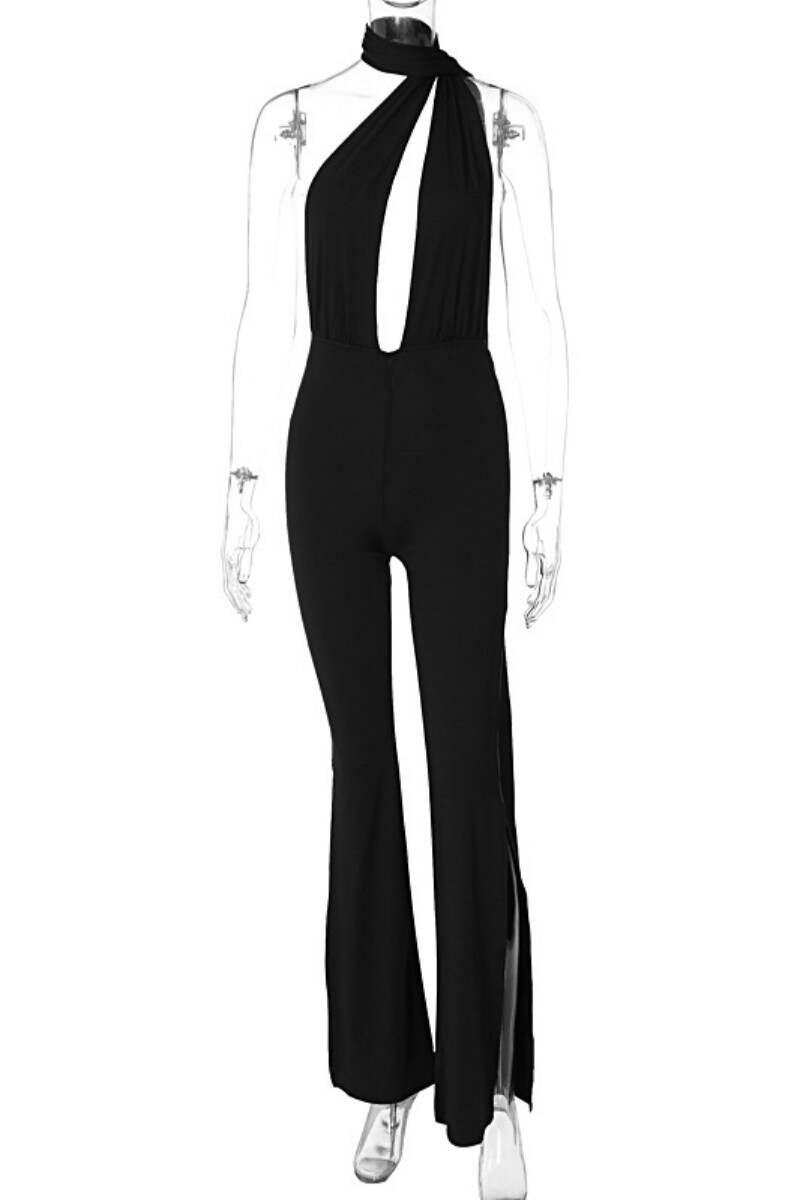 Black Sexy Solid Hollowed Out Backless Slit Halter Skinny Jumpsuits