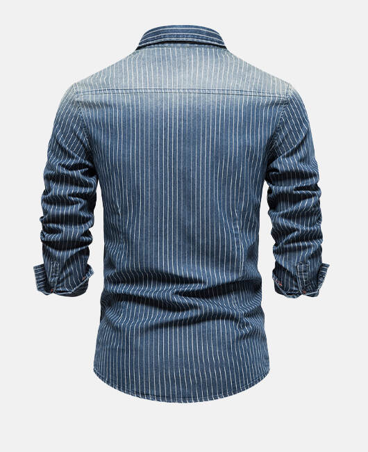 Casual Vertical Stripe Light Washed Long Sleeve Button Slim Fit Shirt