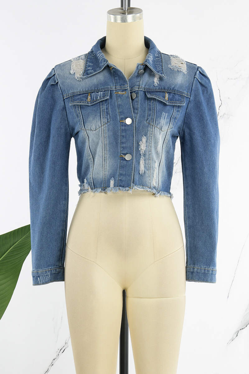 Blue Casual Solid Ripped Buckle Turndown Collar Long Sleeve Denim Jacket