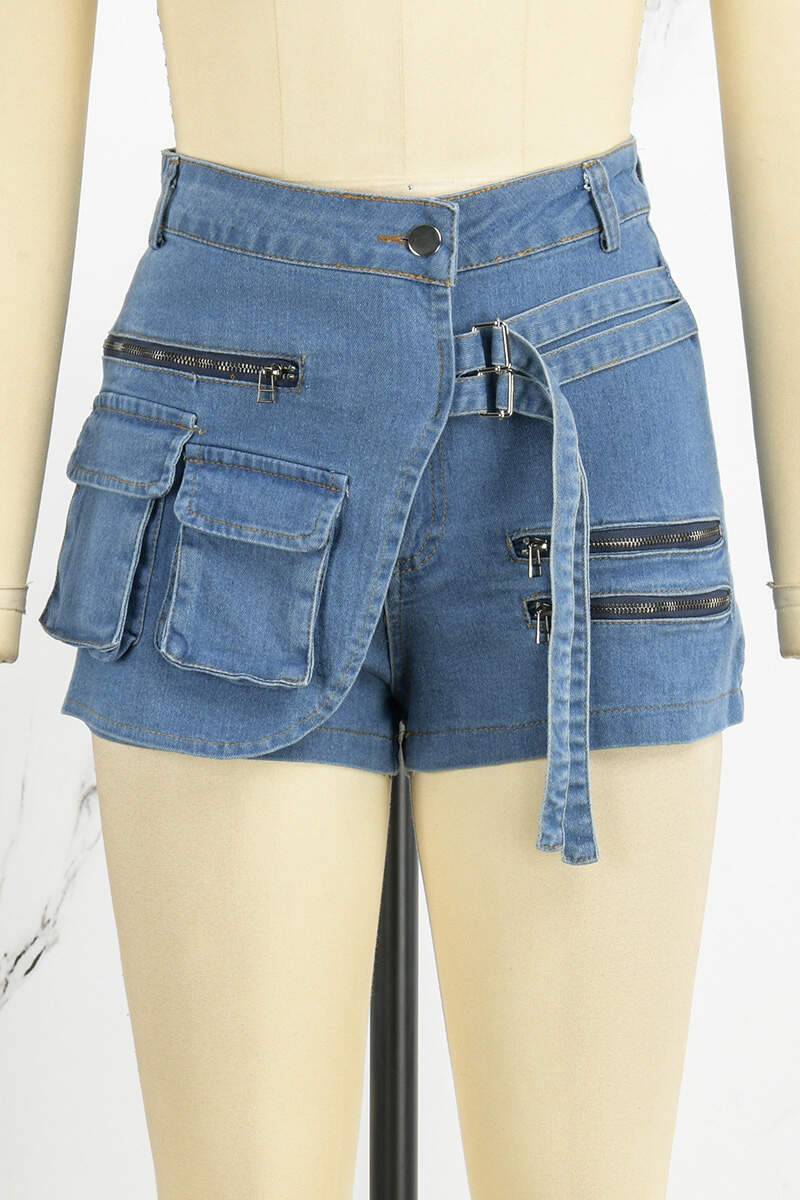 Deep Blue Casual Solid Patchwork Mid Waist Skinny Denim Shorts