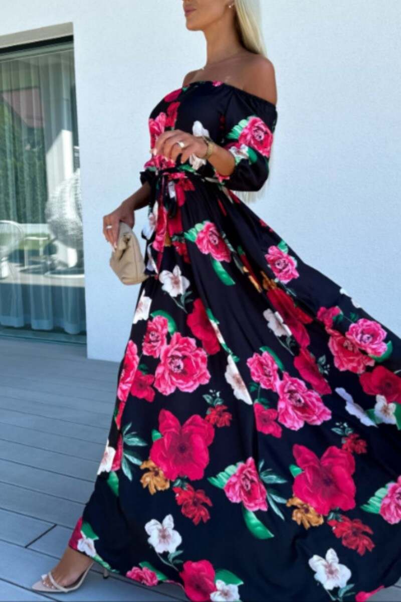 Black Red Casual Print Patchwork Off the Shoulder Long Dress Dresses