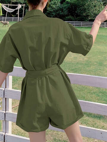 Women Jumpsuits & Rompers | Solid Button Pocket Lapel Short Sleeve Cargo Romper With Belt - VV77153