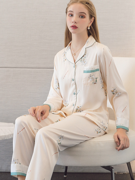 Regular Fit Casual Floral V Neck Long Sleeve Pajama Set