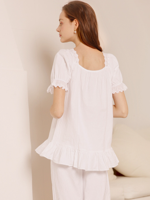 Cotton Casual Lace Loose Short Sleeve Pajama Set