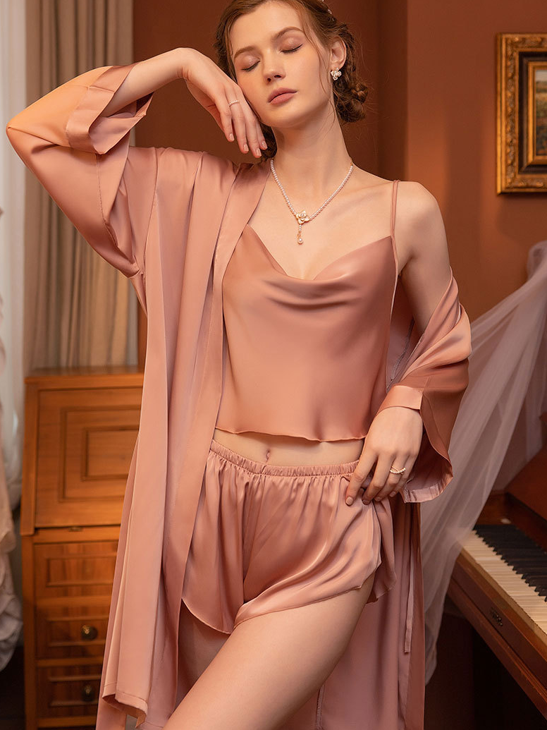 Regular Fit Sexy Plain Pajamas Set and Robe Two-piece Set