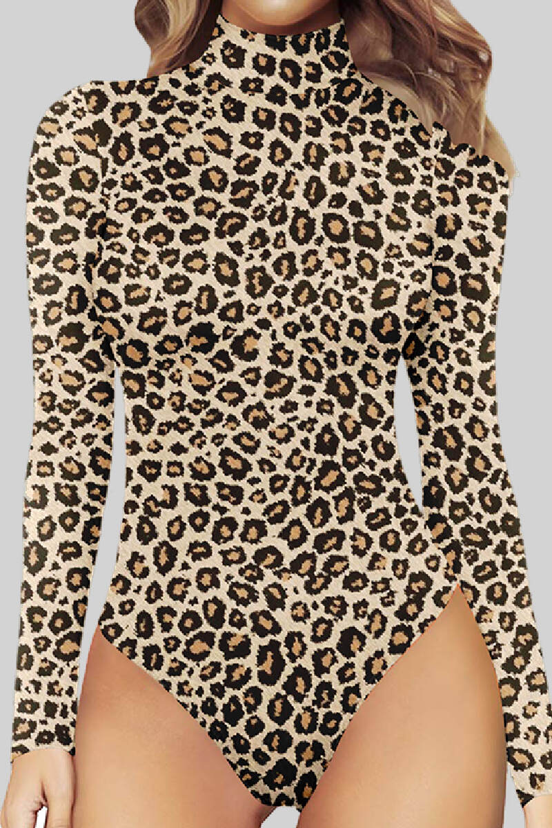 Leopard Print Casual Solid Printing Basic Mandarin Collar Skinny Romper