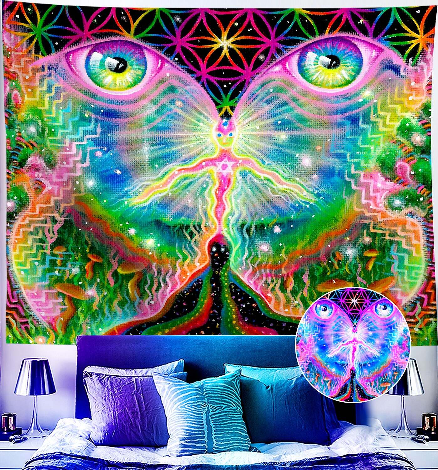 Trippy Blacklight UV Reactive Wall Tapestry Alien Psychedelic Butterfly