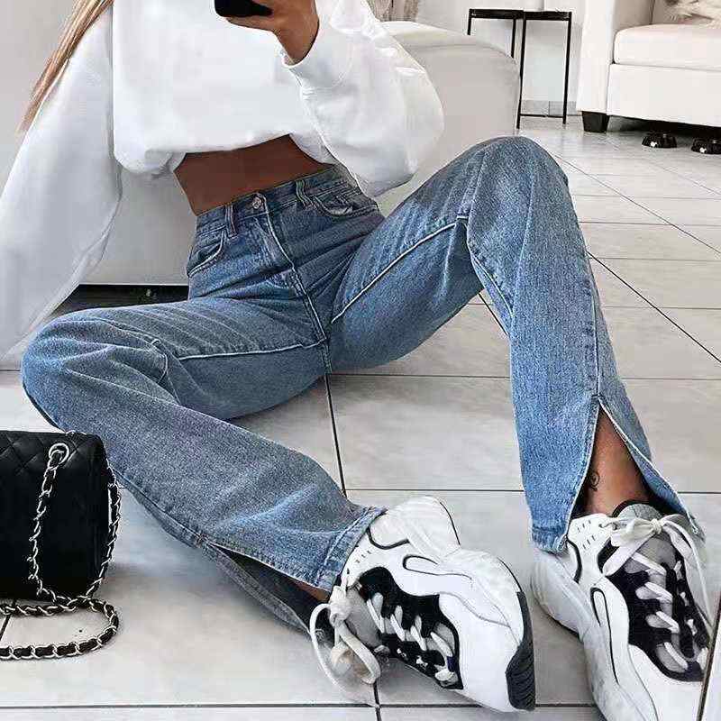 Retro Straight Split Denim Trousers Women