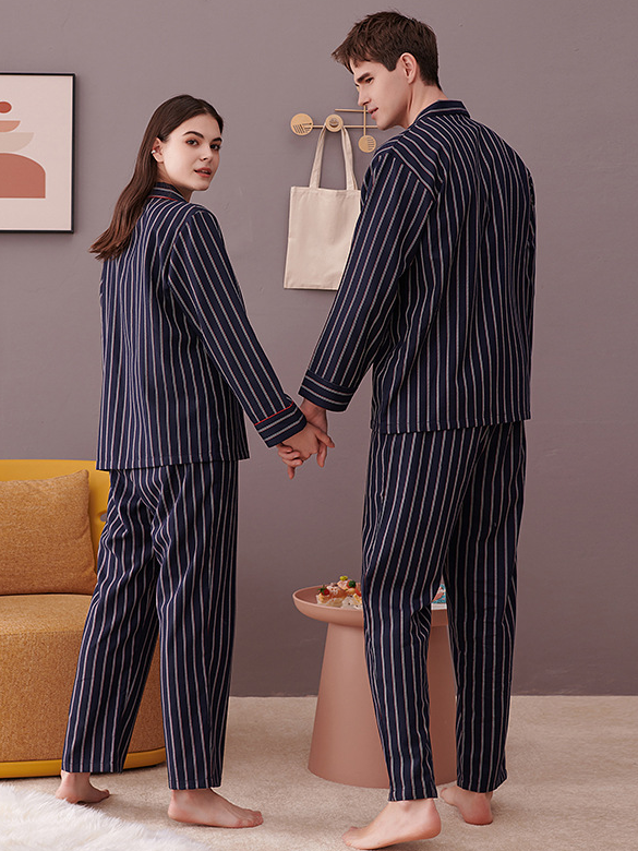 Striped Shawl V Collar Simple Regular Fit Couple Pajama Set