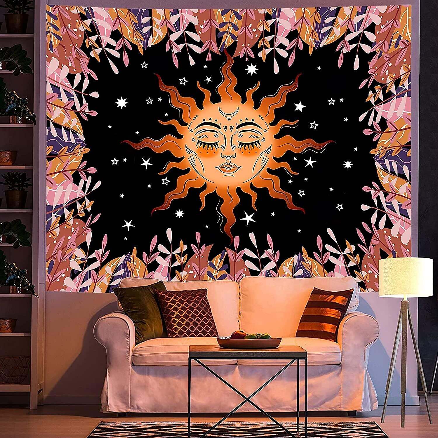 Tarot Sun Tapestry Starry Sky Floral Plant Wall Hanging