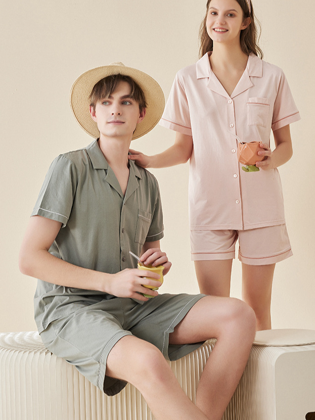 Modal V Neck Loose Simple Regular Sleeve Matching Couple Pajamas Set