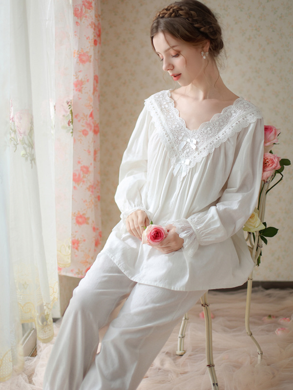 Elegant V Neck Loose Cotton Long Sleeve Pajama Set