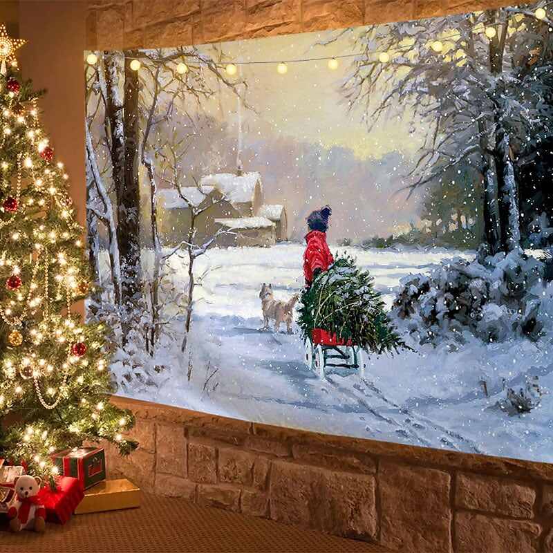 Christmas Decor LED Lights Wall Tapestry Snow Forest Christmas Tree Print