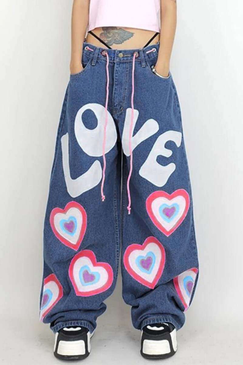 Blue Casual Letter Print Basic Mid Waist Regular Denim Jeans