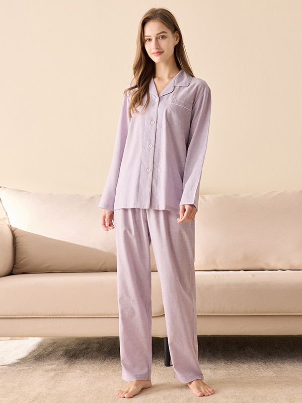 Plain V Neck Simple Cotton Long Sleeve Couple Pajama Set