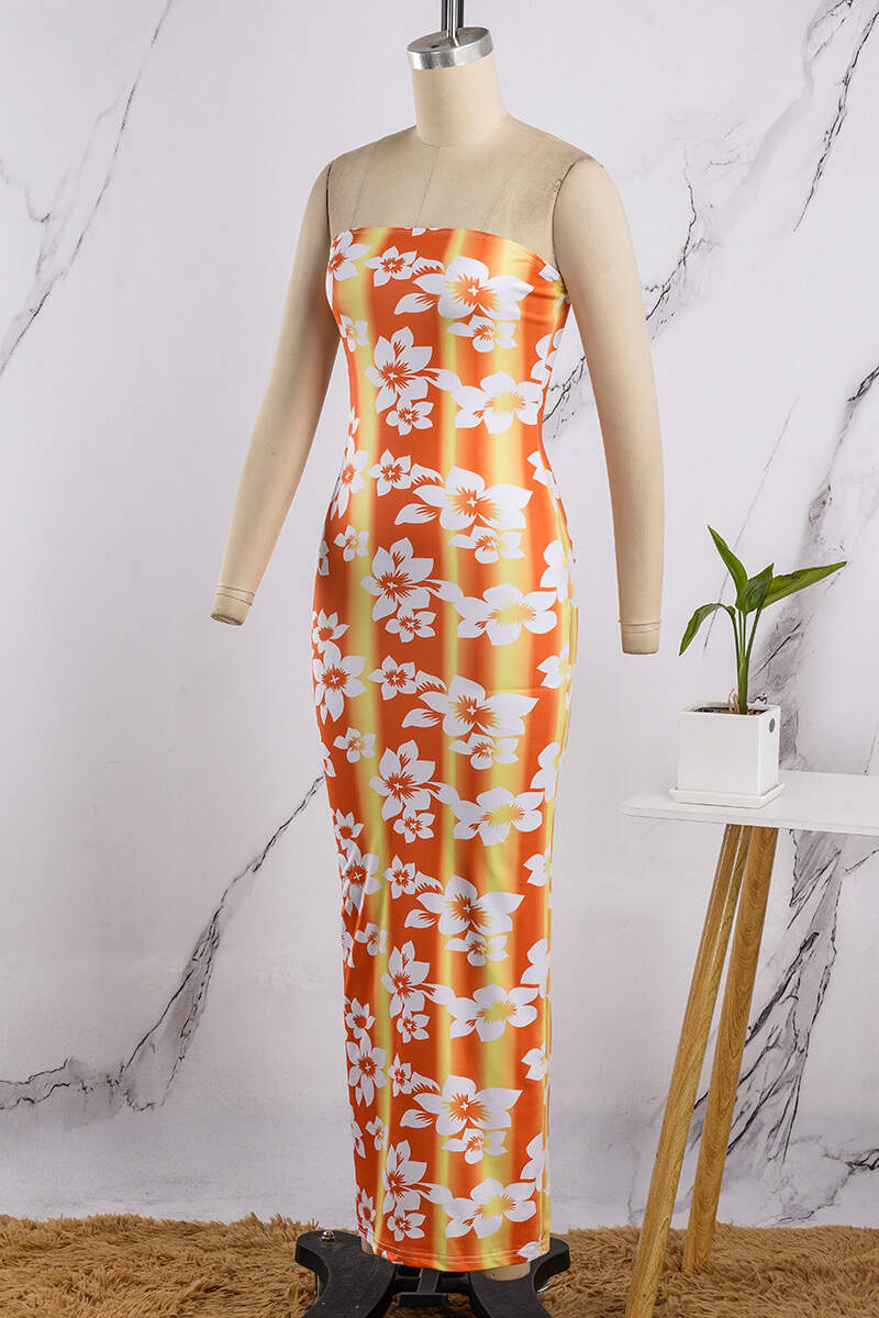 Orange Sexy Casual Print Backless Strapless Long Dress Dresses