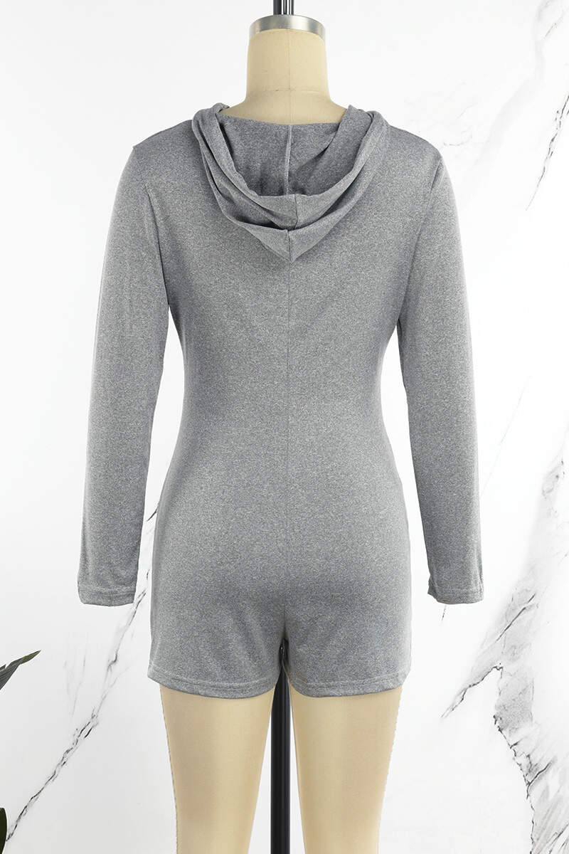 Grey Sexy Solid Patchwork Draw String Pocket Zipper Hooded Collar Regular Jumpsuits