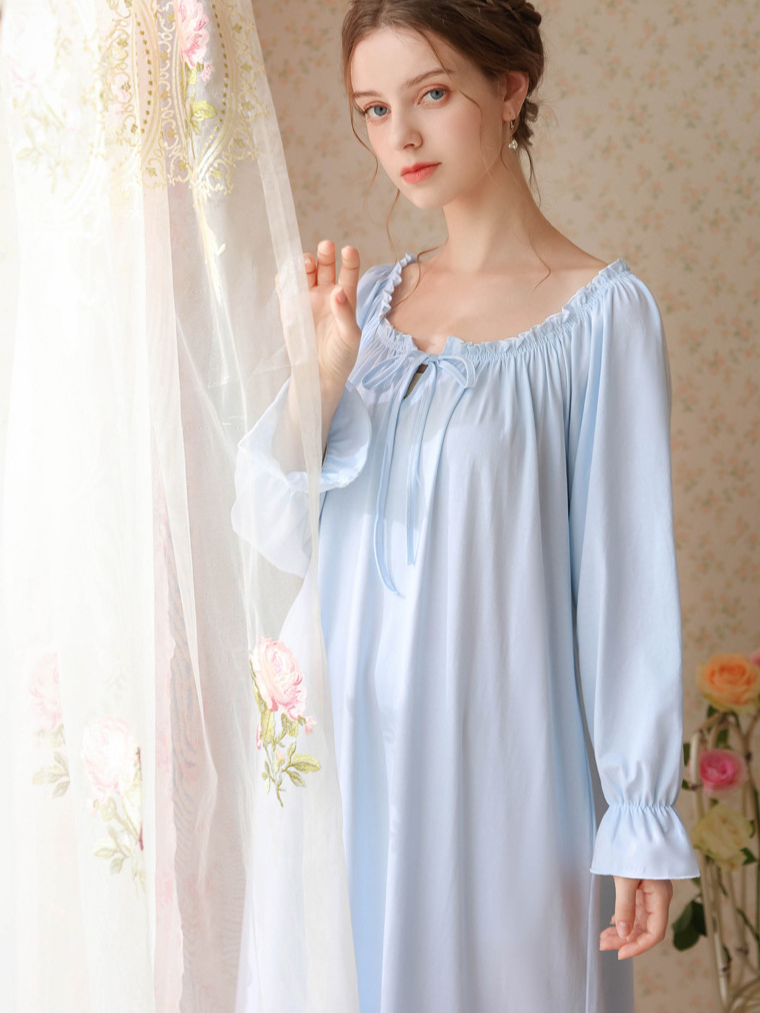 Vacation Flare Sleeve Cotton Crew Neck Plain Nightdress