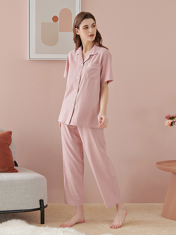 Bamboo Fiber Plain Casual Short Sleeve Couple Pajama Set