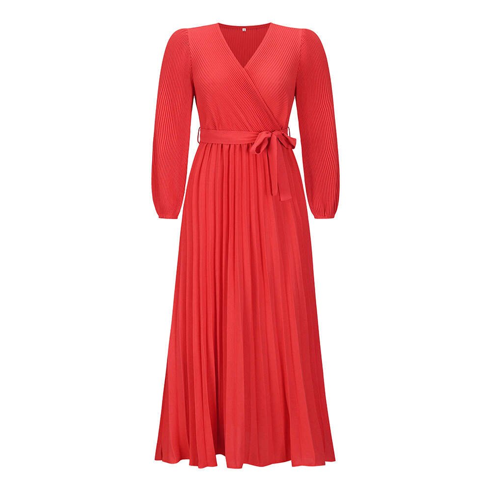 V-neck long-sleeved pleated A-line women's dress