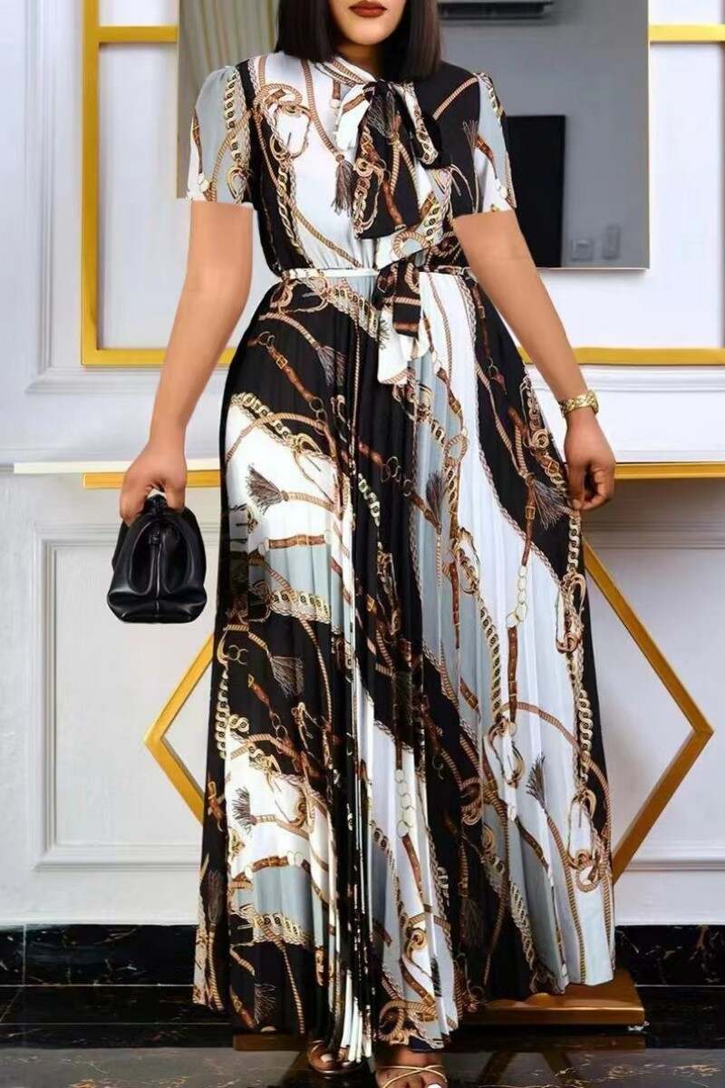 White Casual Print Pleated O Neck Short Sleeve Dress Dresses