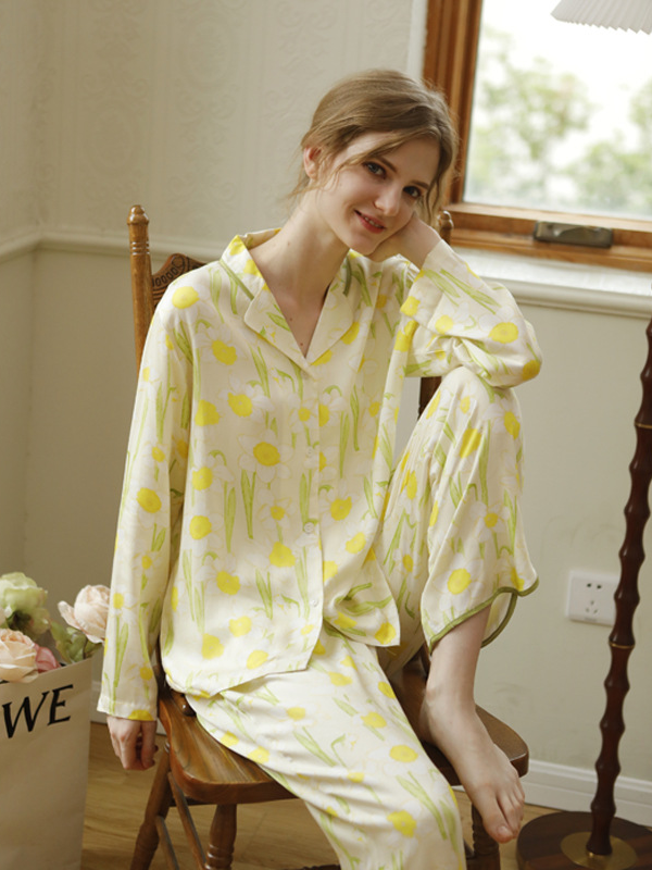 Vacation Loose Shawl Collar Long Sleeve Pajama Set