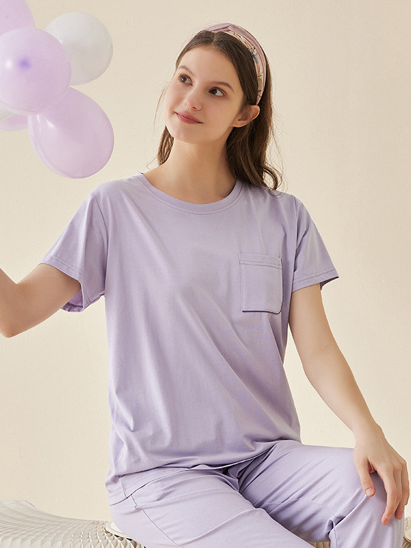 Simple Plain Loose Crew Neck Short Sleeve Pajama Set