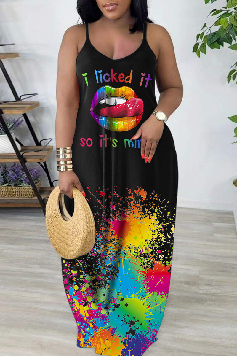 Black Red Sexy Casual Print Backless Spaghetti Strap Long Dress Dresses