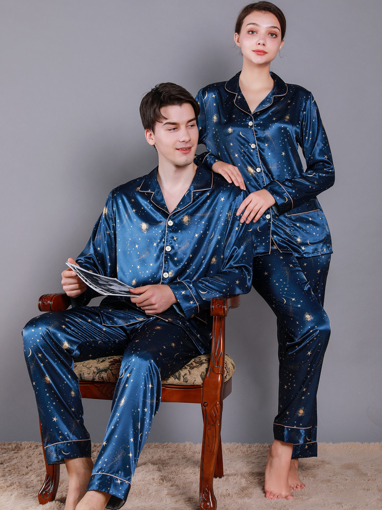 Ice Silk Starry Sky Casual V Neck Long Sleeve Couple Pajama Set