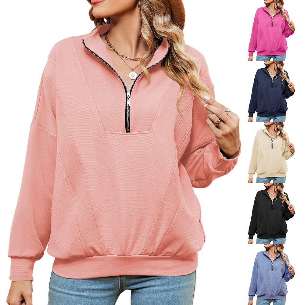 New Solid Color Zip Long Sleeve Waffle Sweatshirt - Buy 3 and get free shipping