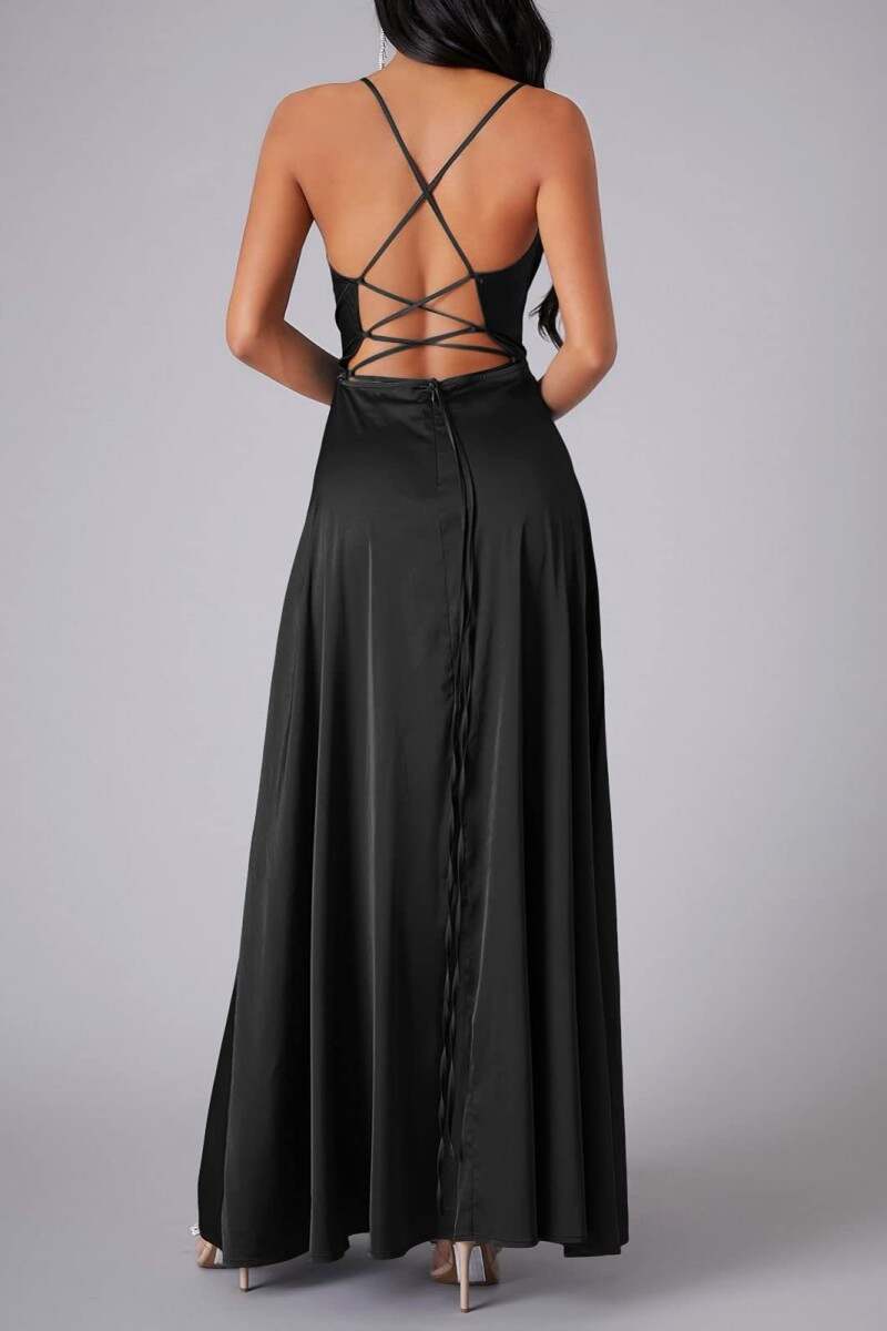 Black Sexy Casual Solid Backless Cross Straps Slit Spaghetti Strap Long Dress Dresses